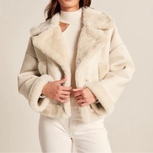 Abercrombie Oversized Short Sherpa-Lined Vegan Leather Coat - Ivory